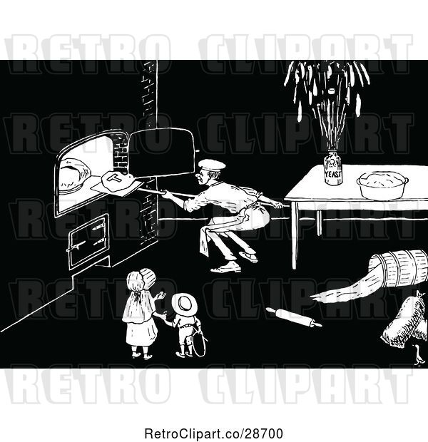 Vector Clip Art of Retro KChildren Watching a Baker Put Bread in an Oven