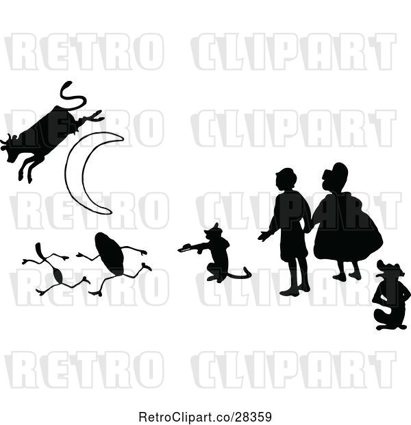 Vector Clip Art of Retro KChildren with a Cat Fiddle Silver Spoon and Cow Jumping over the Moon