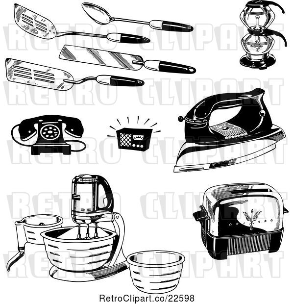 Vector Clip Art of Retro Kitchen Utensils Appliances and Household Items