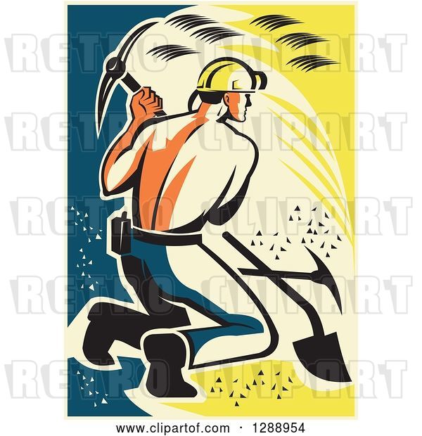 Vector Clip Art of Retro Kneeling Shirtless Male Coal Miner Using a Pickaxe in a Yellow Blue and Beige Rectangle with a Border