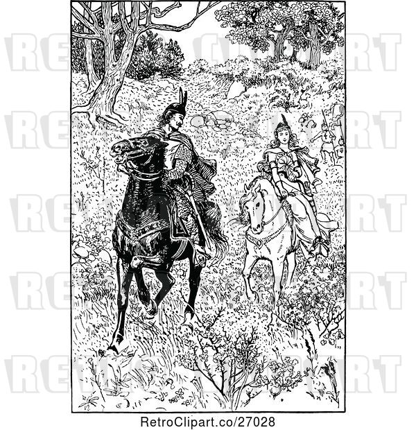 Vector Clip Art of Retro Knight and Maiden in the Woods