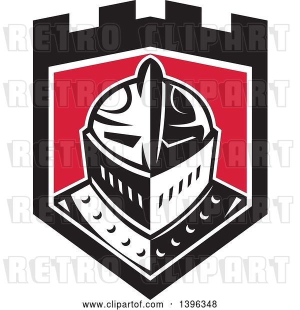 Vector Clip Art of Retro Knight Helmet in a Black White and Red Shield