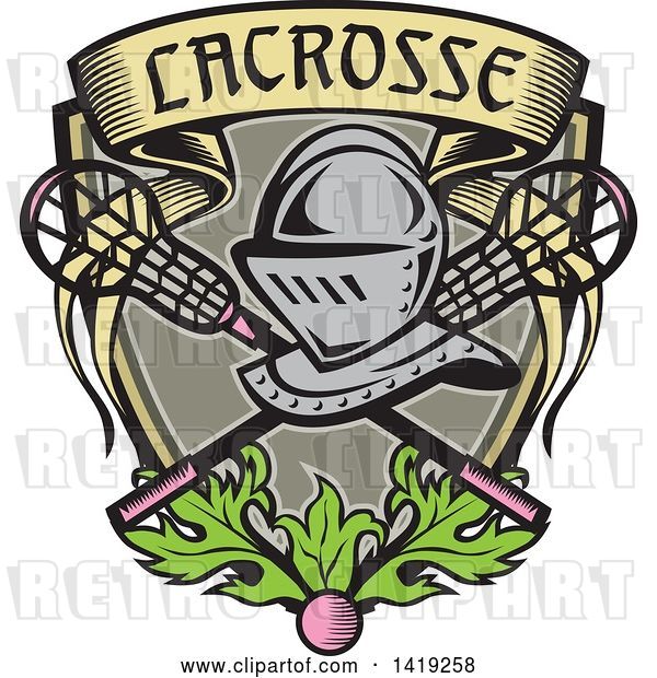 Vector Clip Art of Retro Knight Helmet over Crossed Lacrosse Sticks and a Woodcut Banner Shield with Leaves and a Ball