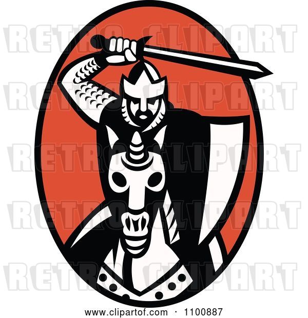 Vector Clip Art of Retro Knight Holding up a Sword and Charging on Horseback over a Red Oval