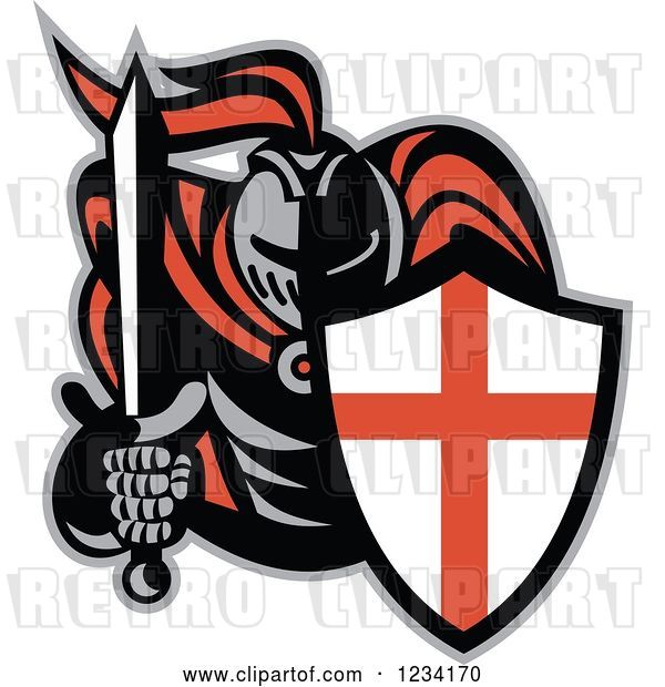 Vector Clip Art of Retro Knight in Full Armor, Holding a Sword and English Shield