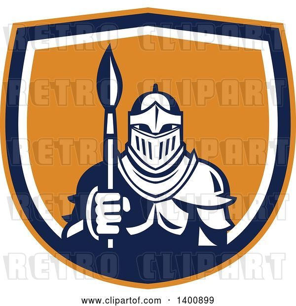 Vector Clip Art of Retro Knight in Full Armor, Holding Paint Brush in an Orange Blue and White Shield