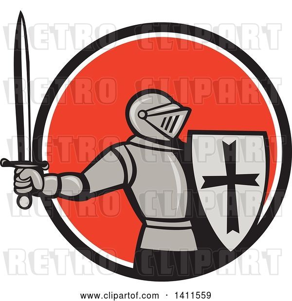 Vector Clip Art of Retro Knight in Full Armor, Holding up a Sword and Shield, Emerging from a Black White and Red-orange Circle