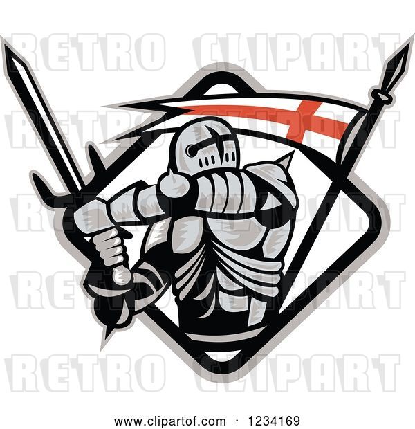 Vector Clip Art of Retro Knight in Full Armor, Swinging a Sword in a Diamind with an English Flag
