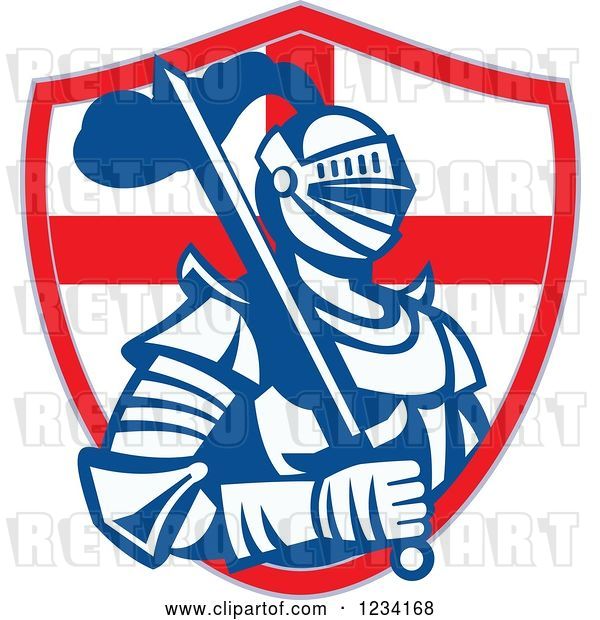 Vector Clip Art of Retro Knight in Full Armor, with a Sword and English Flag Shield 2