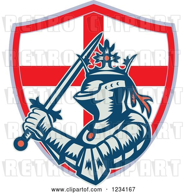 Vector Clip Art of Retro Knight in Full Armor, with a Sword and English Flag Shield