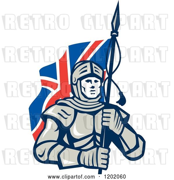 Vector Clip Art of Retro Knight in Metal Armour, Carrying a British Flag