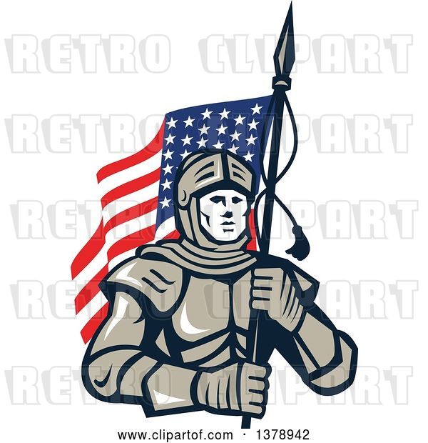 Vector Clip Art of Retro Knight in Metal Armour, Carrying an American Flag