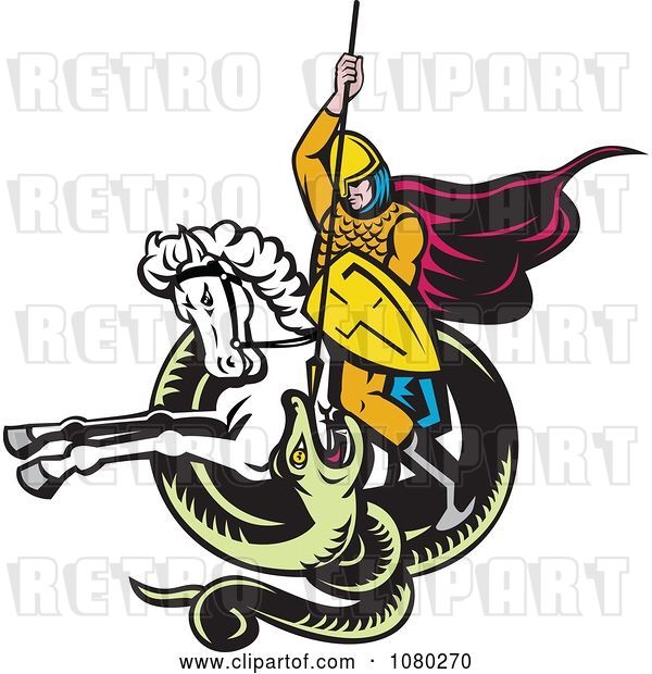 Vector Clip Art of Retro Knight on Horseback Spearing a Snake