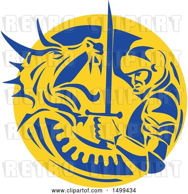 Vector Clip Art of Retro Knight or Saint George Fighting a Dragon in a Yellow and Blue Circle