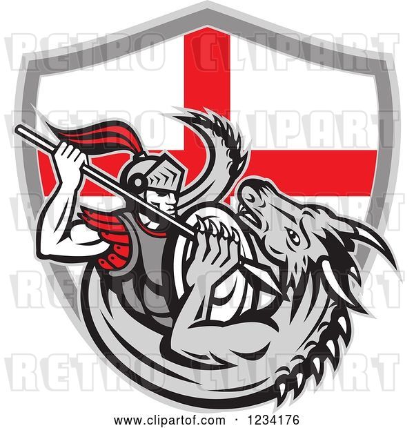 Vector Clip Art of Retro Knight Spearing a Dragon over an English Flag Shield