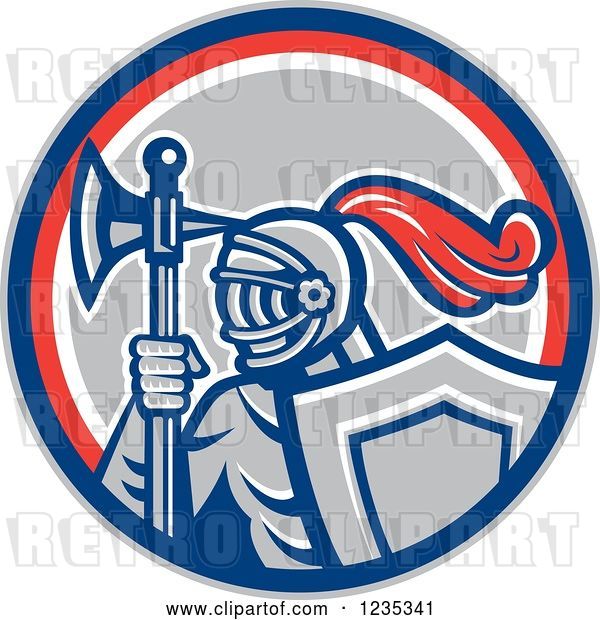 Vector Clip Art of Retro Knight with an Axe and Shield in a Red White and Gray Circle