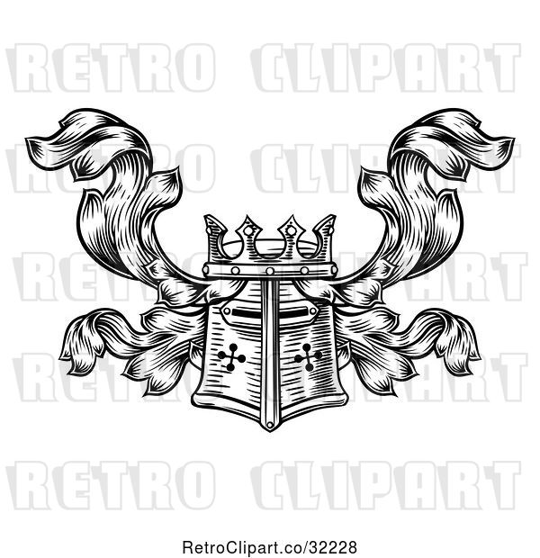 Vector Clip Art of Retro Knights Great Helm Helmet and Foliage Crest Coat of Arms