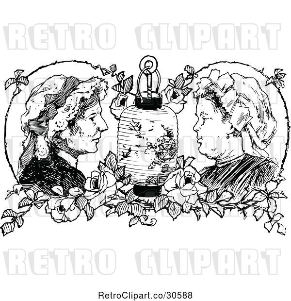Vector Clip Art of Retro Ladies Roses and a Lantern