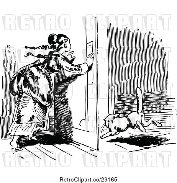 Vector Clip Art of Retro Lady and Escaping Cat