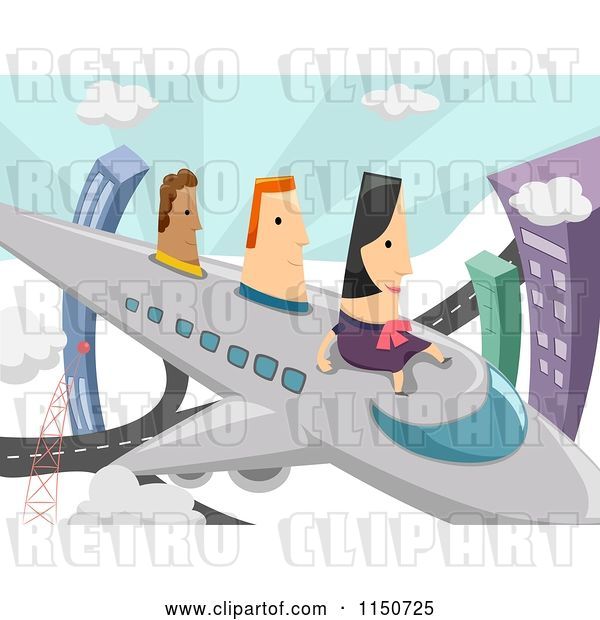 Vector Clip Art of Retro Lady and Men Flying on an Airplane
