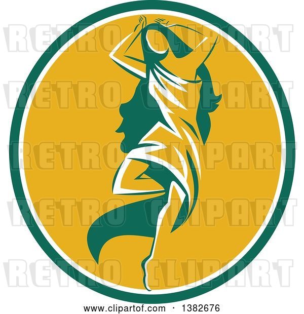 Vector Clip Art of Retro Lady, Aphrodite, Dancing a Pirouette in a Green White and Yellow Oval