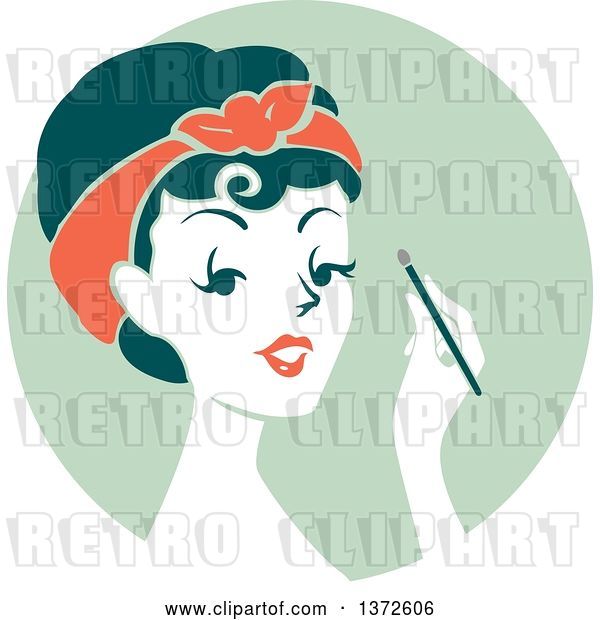 Vector Clip Art of Retro Lady Applying Eyeshadow over a Green Circle