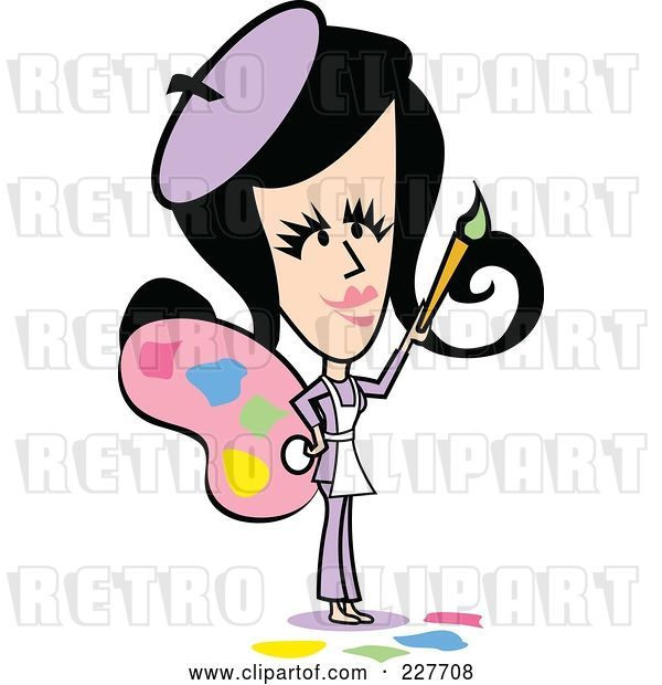 Vector Clip Art of Retro Lady Artist Holding a Palette and Paintbrush