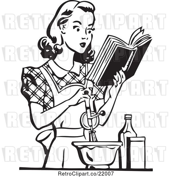 Vector Clip Art of Retro Lady Baking and Reading a Cook Book