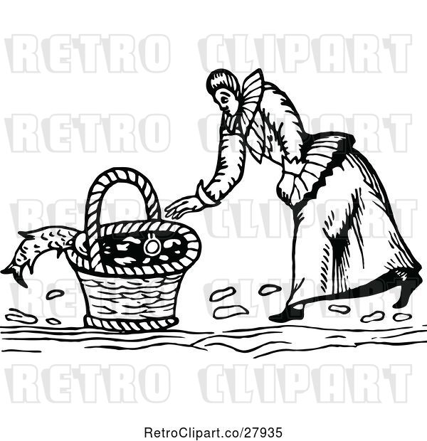 Vector Clip Art of Retro Lady Basket and Fish