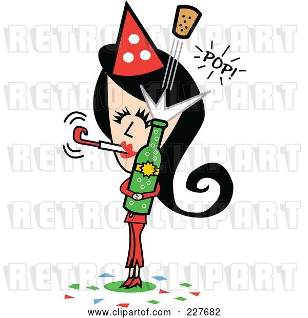 Vector Clip Art of Retro Lady Blowing a New Years Noise Maker and Popping a Cork off of Champagne