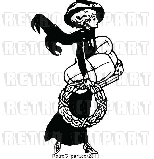 Vector Clip Art of Retro Lady Carring a Wreath and Shopping Packages
