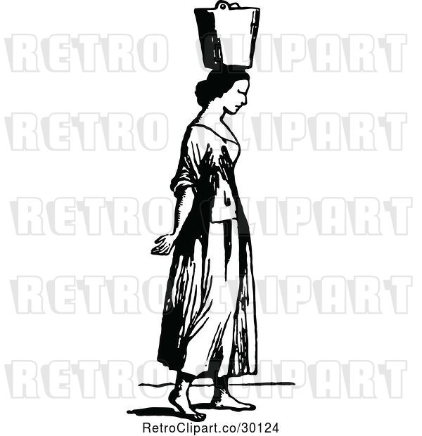 Vector Clip Art of Retro Lady Carrying a Water Pail on Her Head