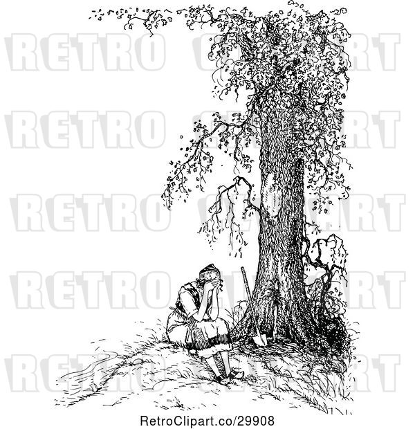 Vector Clip Art of Retro Lady Crying Under a Tree