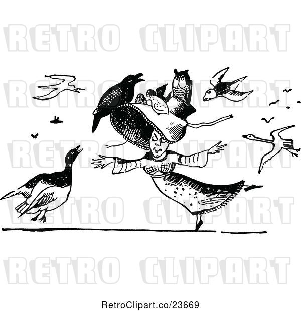 Vector Clip Art of Retro Lady Dancing, with Birds All Around Her and on Her Hat
