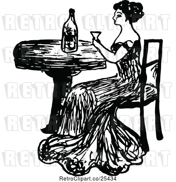 Vector Clip Art of Retro Lady Drinking Wine