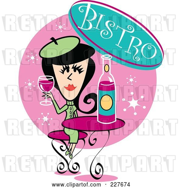 Vector Clip Art of Retro Lady Drinking Wine in a Bistro