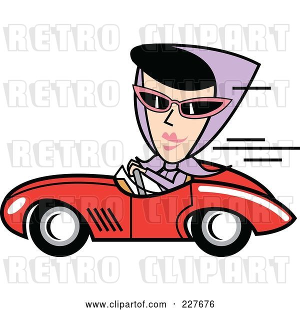 Vector Clip Art of Retro Lady Driving a Convertible Car
