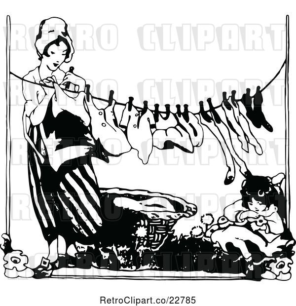 Vector Clip Art of Retro Lady Hanging Laundry As Her Daughter Rests