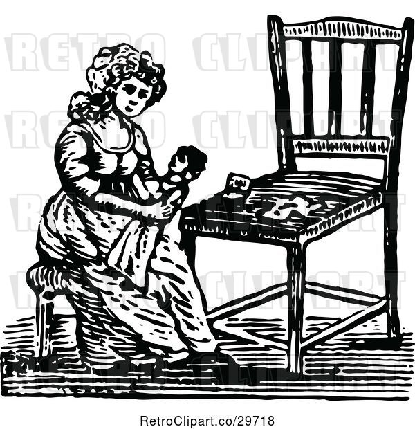 Vector Clip Art of Retro Lady Holding a Doll by a Chair