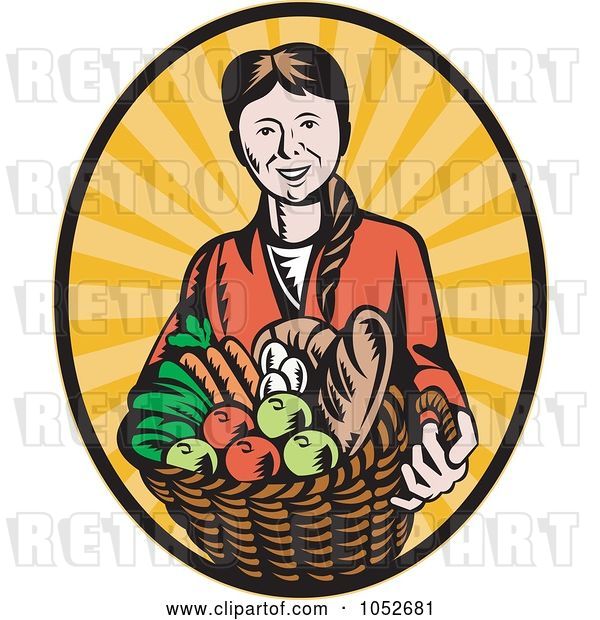 Vector Clip Art of Retro Lady Holding a Harvest Basket over Rays