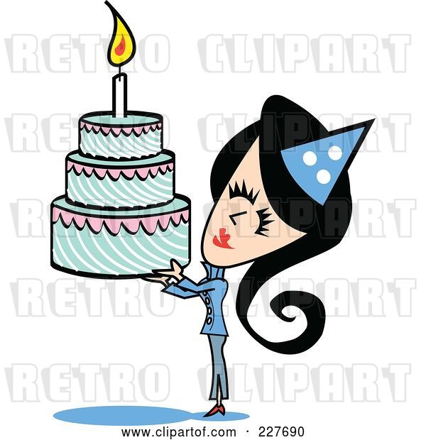 Vector Clip Art of Retro Lady Holding up a Birthday Cake
