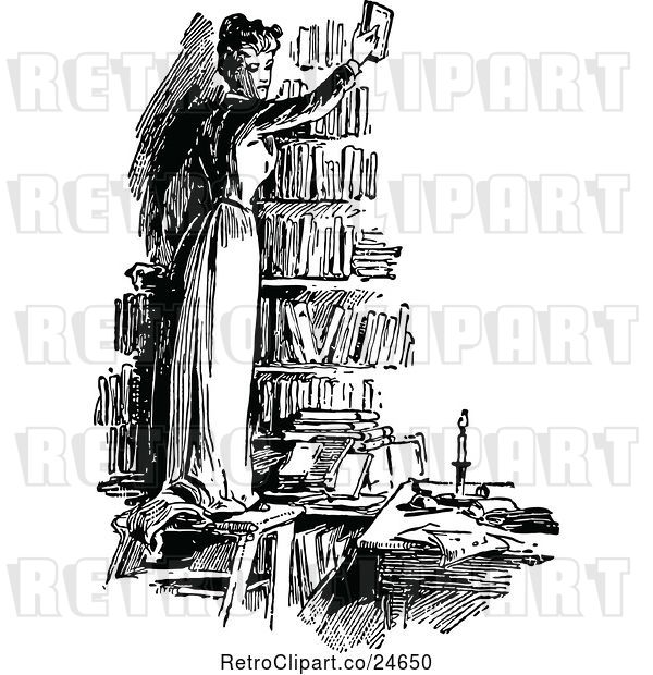 Vector Clip Art of Retro Lady Holding up a Book in a Library