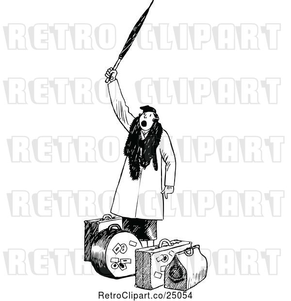 Vector Clip Art of Retro Lady Hollering over Her Luggage