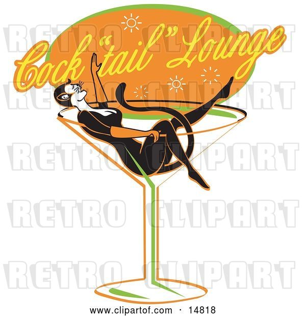 Vector Clip Art of Retro Lady in a Cat Costume Lying in a Giant Martini Glass at a Cocktail Lounge