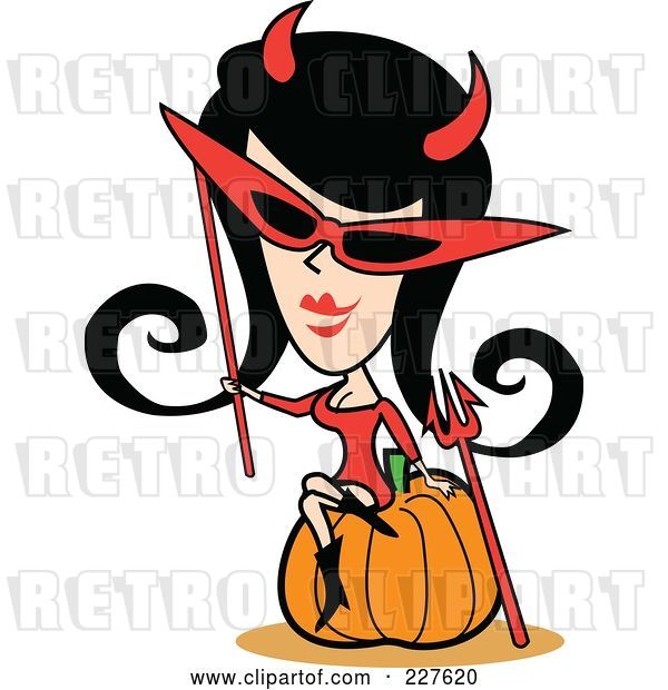 Vector Clip Art of Retro Lady in a Devil Costume, Sitting on a Halloween Pumpkin