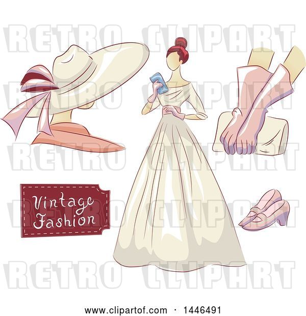 Vector Clip Art of Retro Lady in a Dress, with a Mannequin, Gloves, Clutch, and Shoes