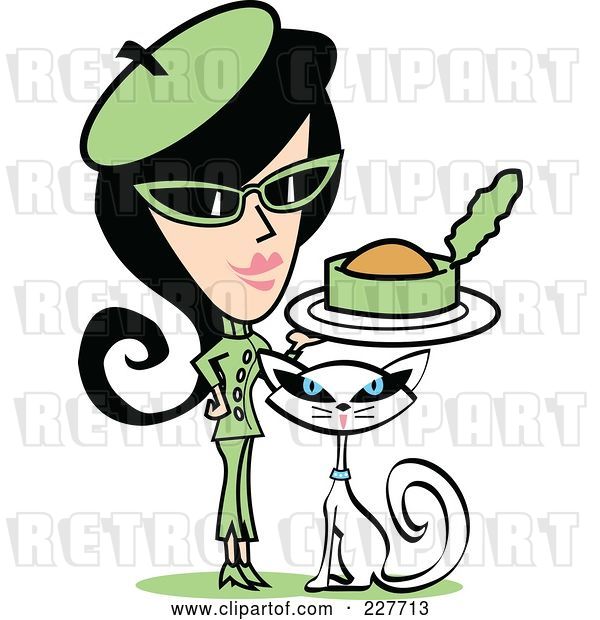 Vector Clip Art of Retro Lady in a Green Suit, Feeding Canned Food to Her Cat
