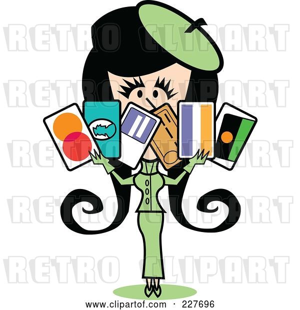 Vector Clip Art of Retro Lady in a Green Suit, Holding a Bunch of Credit Cards