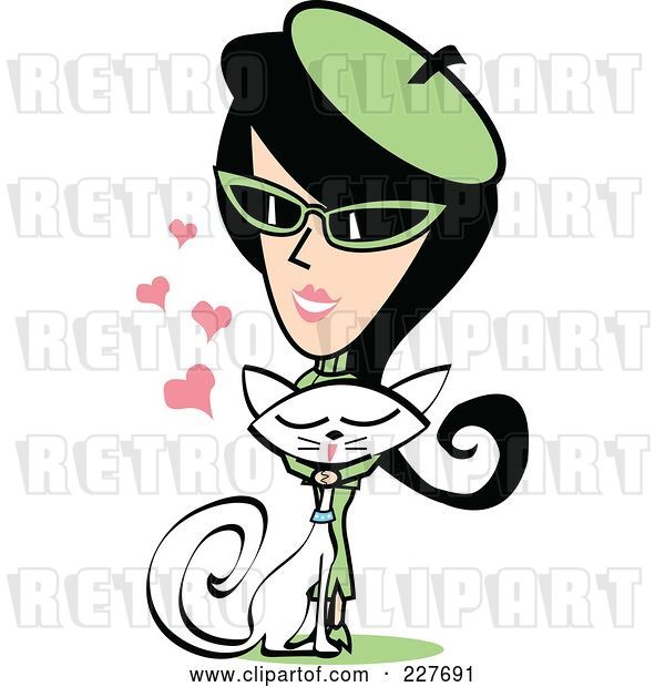 Vector Clip Art of Retro Lady in a Green Suit, Petting Her Cat
