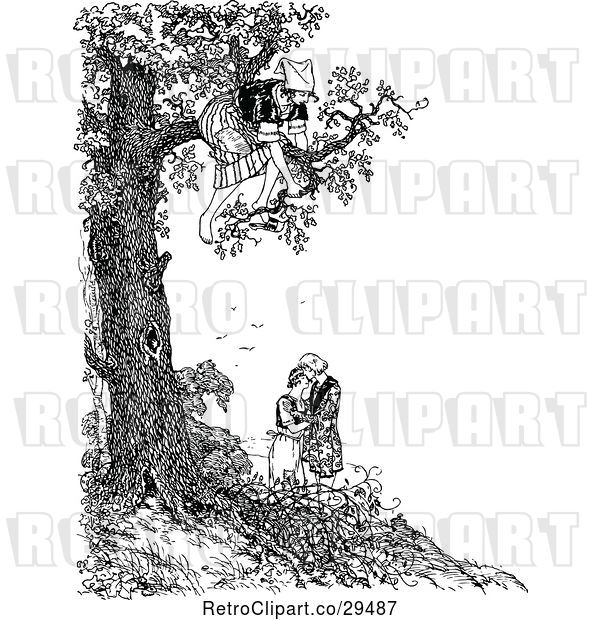 Vector Clip Art of Retro Lady in a Tree over a Couple